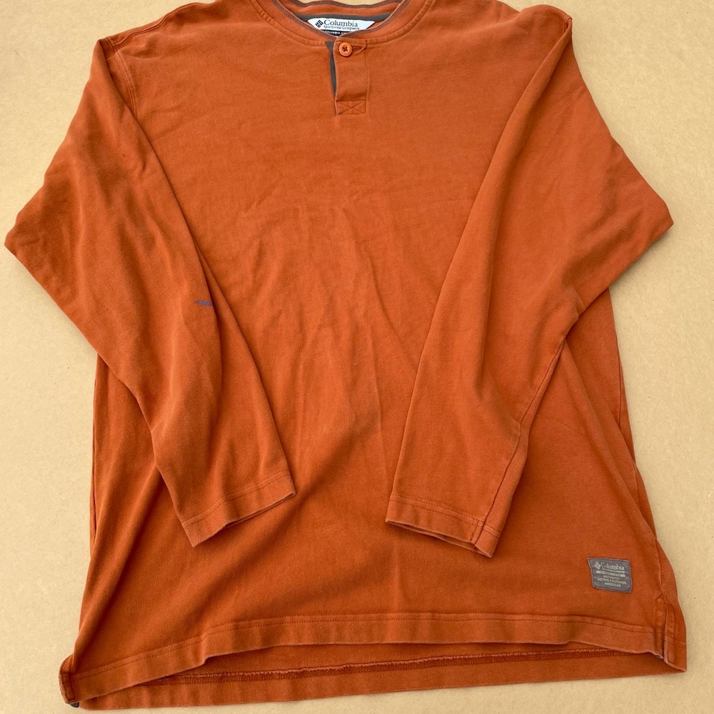 Columbia Henley Shirt Mens Large Orange Casual Outdoor Long Sleeve Cotton